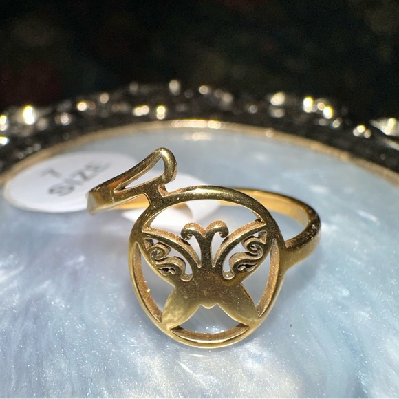 “Curlicue Butterfly” Coil Spiral Swirl Loop Twist Scroll Ringlet Gold Steel Ring - Picture 16 of 16